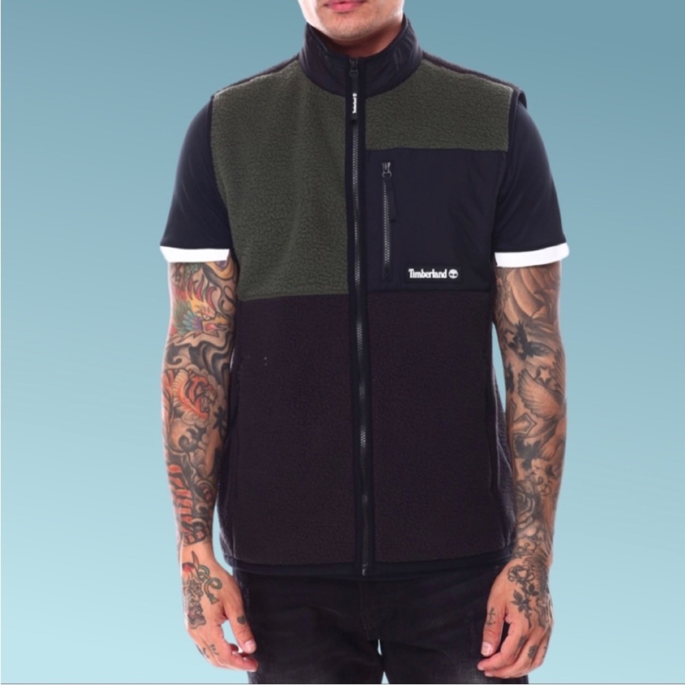 Timberland Mens Fleece Vest Green/Black Color Block Pockets Mock Neck SZ Large